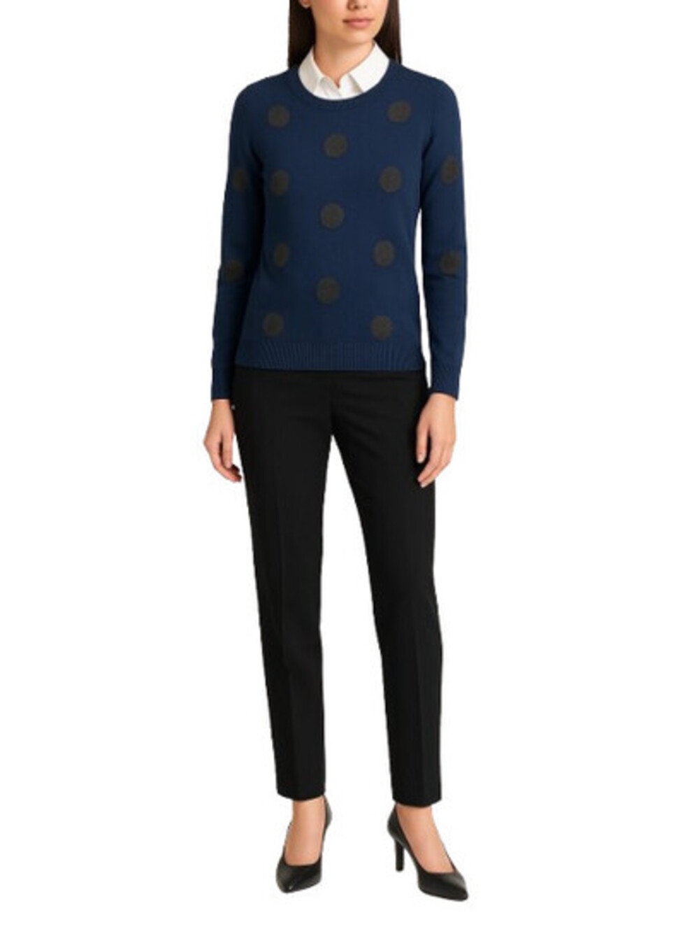 Saks Fifth Ave Blue Polka Dot Sweater Sz M Crew Neck Long Sleeve Soft Knit NWT